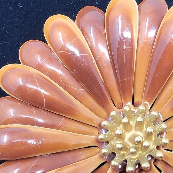 Vintage 60s Brown Orange Enamel Flower Brooch Pin Mid-Century Mod Sunflower Lg - Picture 4 of 6